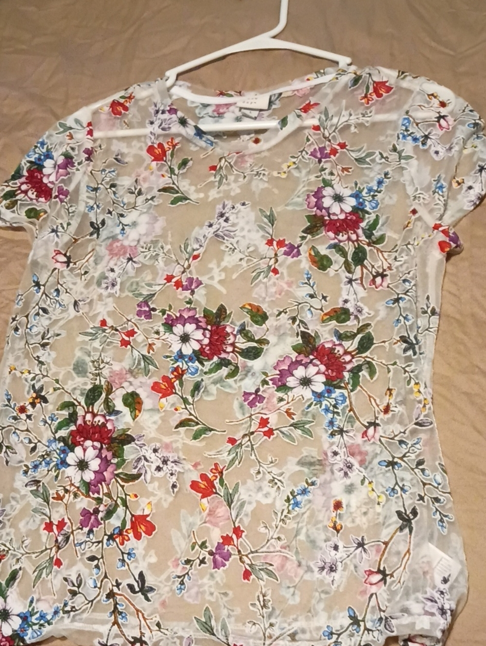 A New Day Sheer Floral Embroidered Short Sleeve Top - White/Multi Size Large